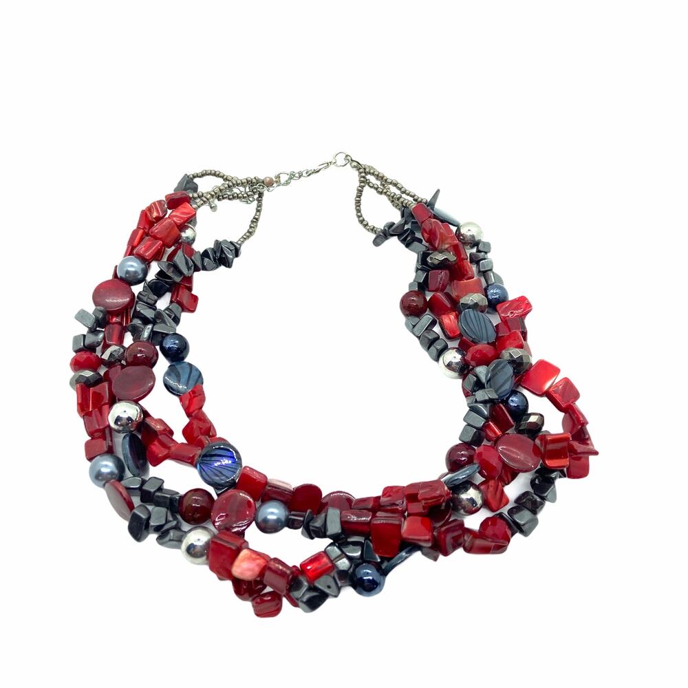 Statement Necklace Vintage Red Shell & Hematite Multi-Strand Bead Silver Tone